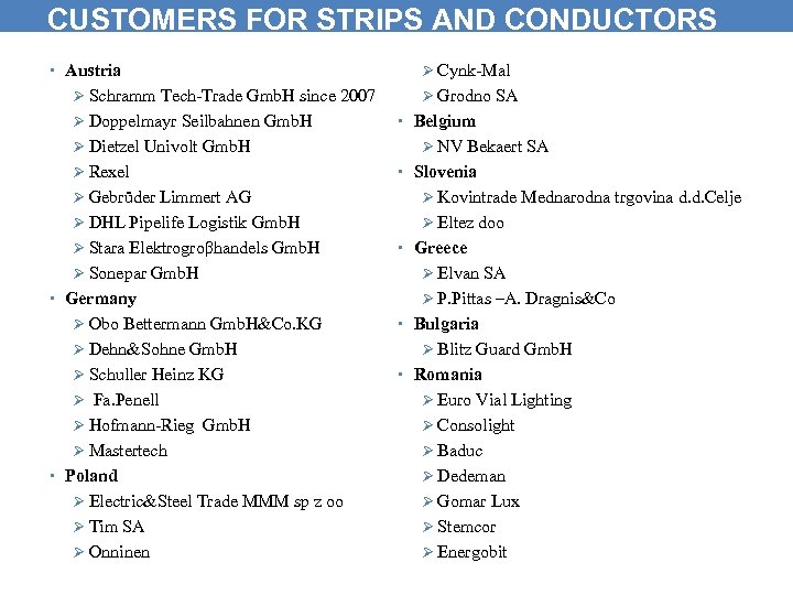 CUSTOMERS FOR STRIPS AND CONDUCTORS • Austria Ø Schramm Tech-Trade Gmb. H since 2007