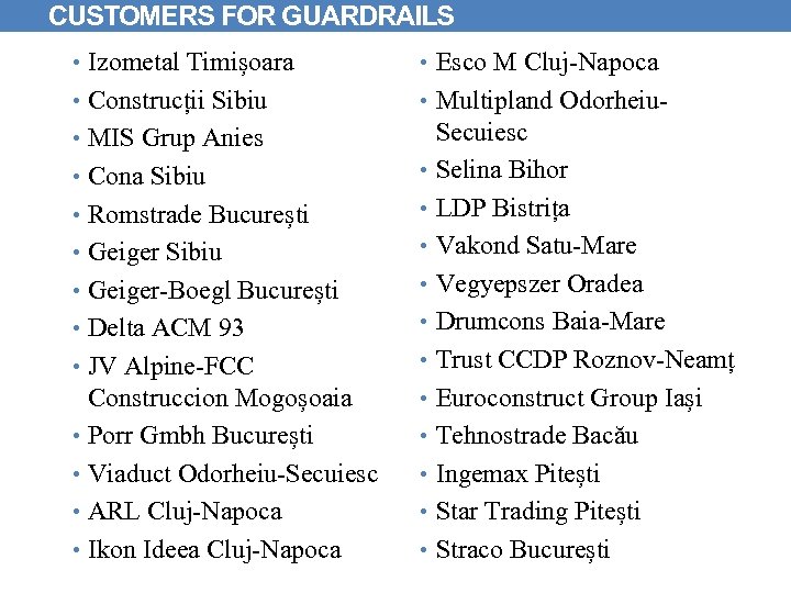 CUSTOMERS FOR GUARDRAILS • Izometal Timișoara • Esco M Cluj-Napoca • Construcții Sibiu •