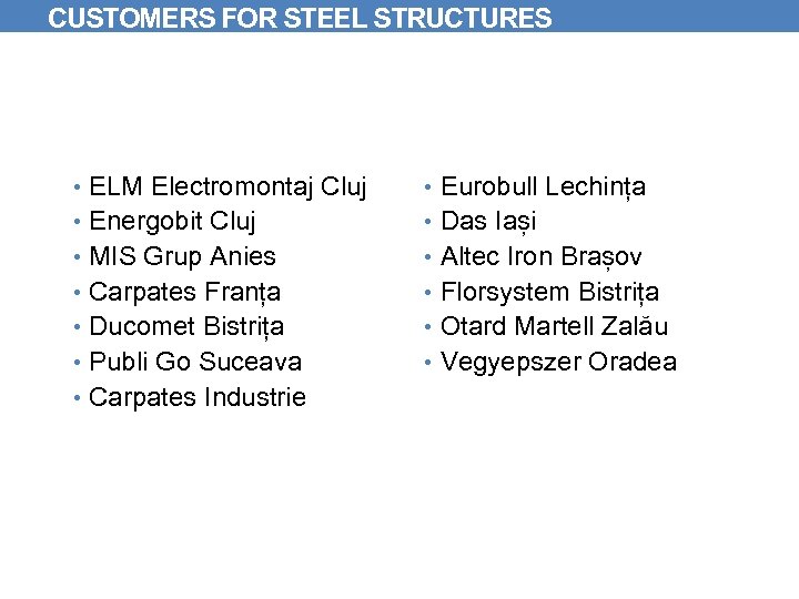 CUSTOMERS FOR STEEL STRUCTURES • ELM Electromontaj Cluj • Eurobull Lechința • Energobit Cluj