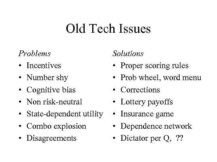 Old Tech Issues Problems • Incentives • Number shy • Cognitive bias • Non