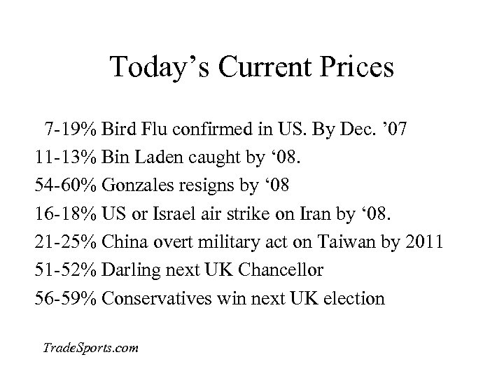 Today’s Current Prices 7 -19% Bird Flu confirmed in US. By Dec. ’ 07