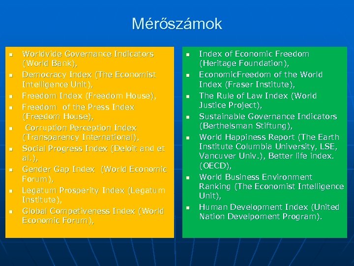 Mérőszámok n n n n n Worldvide Governance Indicators (World Bank), Democracy Index (The