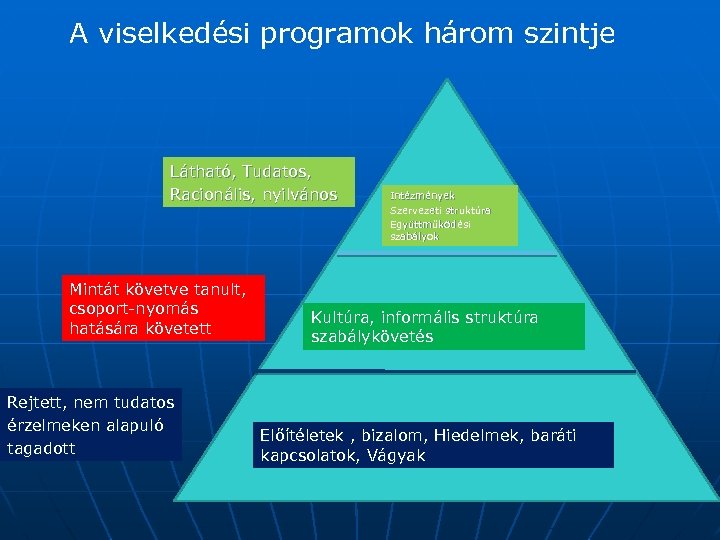 A viselkedési programok három szintje Látható, Tudatos, Racionális, nyilvános Mintát követve tanult, csoport-nyomás hatására