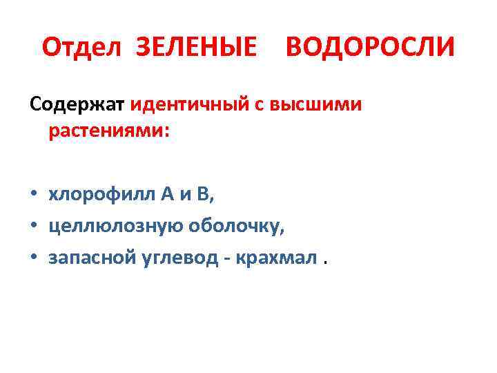 Отдел ЗЕЛЕНЫЕ ВОДОРОСЛИ Содержат идентичный с высшими растениями: • хлорофилл А и В, •