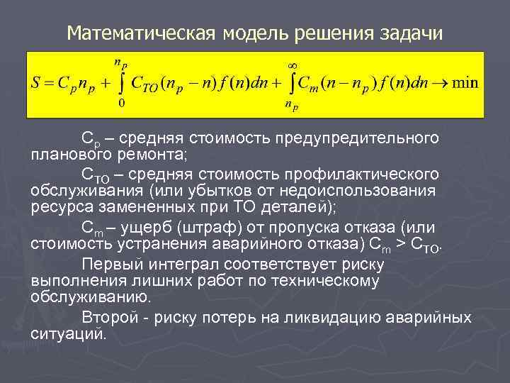 Математическая модель решения задачи Ср – средняя стоимость предупредительного планового ремонта; СТО – средняя