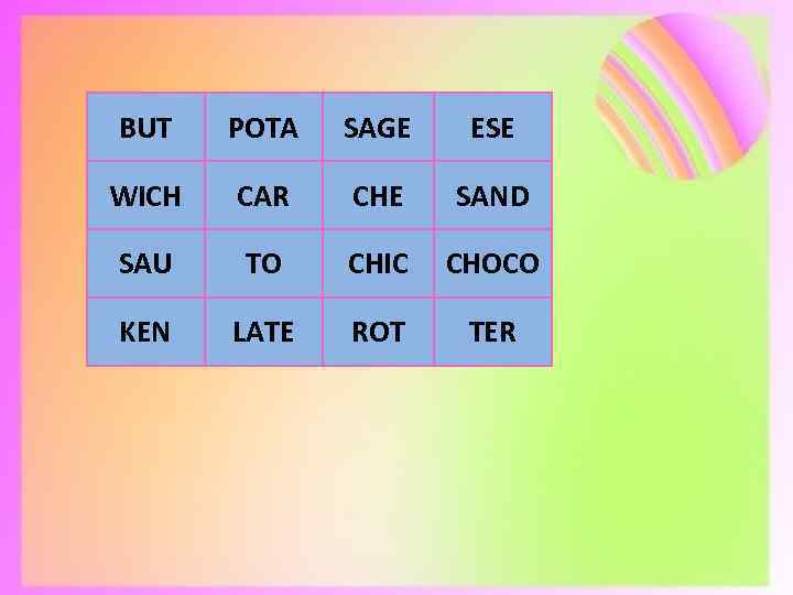 BUT POTA SAGE ESE WICH CAR CHE SAND SAU TO CHIC CHOCO KEN LATE