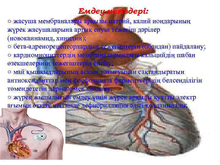 Емдеу негіздері: ○ жасуша мембраналары арқылы натрий, калий иондарының жүрек жасушаларына артық енуін тежегіш