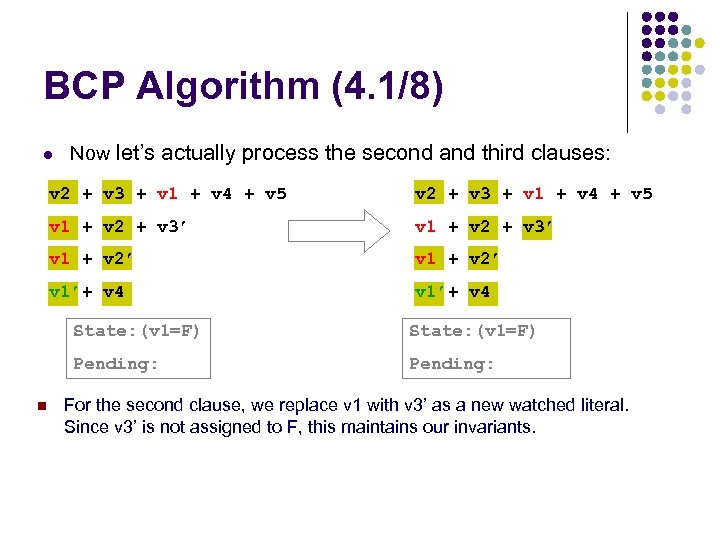 BCP Algorithm (4. 1/8) l Now let’s actually process the second and third clauses: