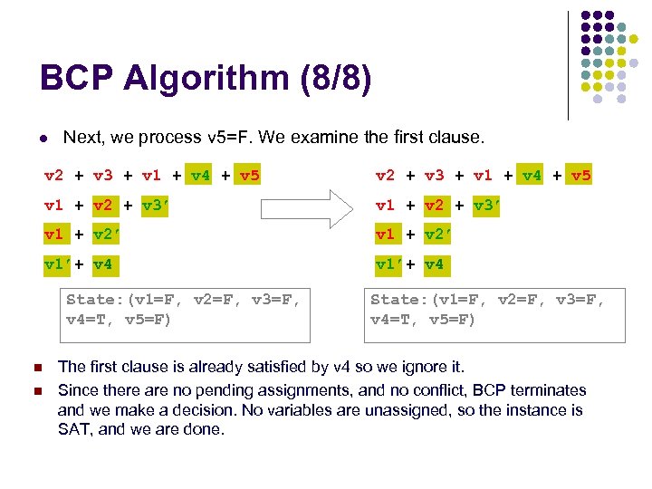 BCP Algorithm (8/8) l Next, we process v 5=F. We examine the first clause.