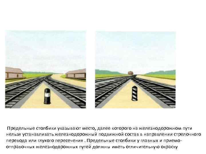 Предельные столбики указывают место, далее которого на железнодорожном пути нельзя устанавливать железнодорожный подвижной состав