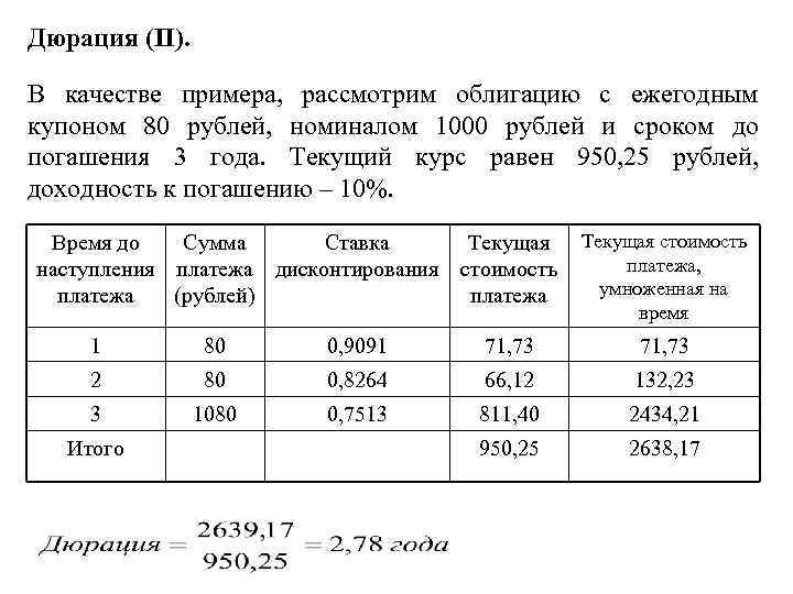 Дюрация (II). В качестве примера, рассмотрим облигацию с ежегодным купоном 80 рублей, номиналом 1000