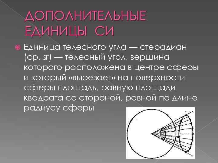 ДОПОЛНИТЕЛЬНЫЕ ЕДИНИЦЫ СИ Единица телесного угла — стерадиан (ср, sr) — телесный угол, вершина