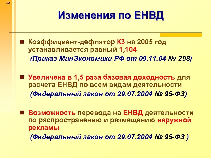 22 Изменения по ЕНВД . n Коэффициент-дефлятор К 3 на 2005 год устанавливается равный