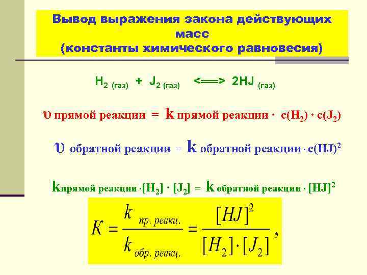 Вывод выражения закона действующих масс (константы химического равновесия) Н 2 (газ) + J 2