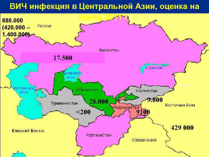 ВИЧ инфекция в Центральной Азии, оценка на конец 2011 г. 880. 000 (420. 000