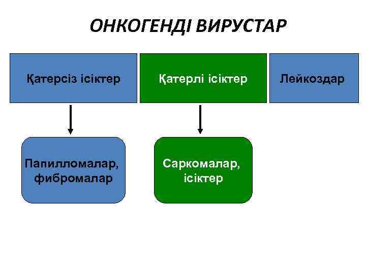 ОНКОГЕНДІ ВИРУСТАР Қатерсіз ісіктер Қатерлі ісіктер Папилломалар, фибромалар Саркомалар, ісіктер Лейкоздар 