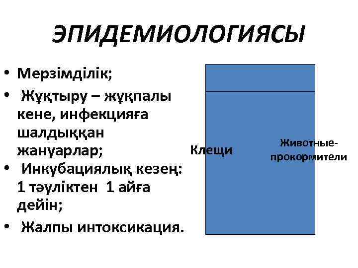 ЭПИДЕМИОЛОГИЯСЫ • Мерзімділік; • Жұқтыру – жұқпалы кене, инфекцияға шалдыққан Клещи жануарлар; • Инкубациялық