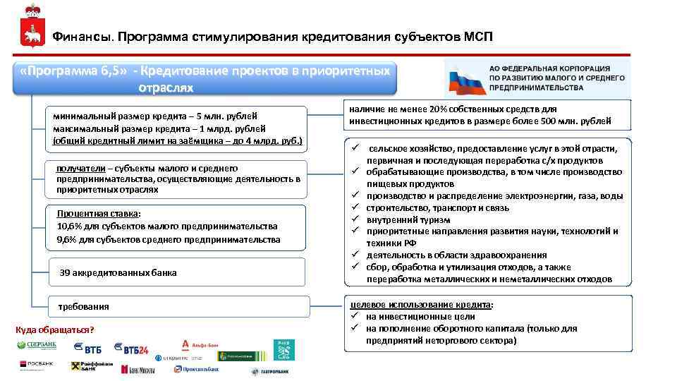 Финансы. Программа стимулирования кредитования субъектов МСП «Программа 6, 5» - Кредитование проектов в приоритетных