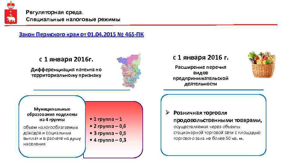 Регуляторная среда. Специальные налоговые режимы Закон Пермского края от 01. 04. 2015 № 465