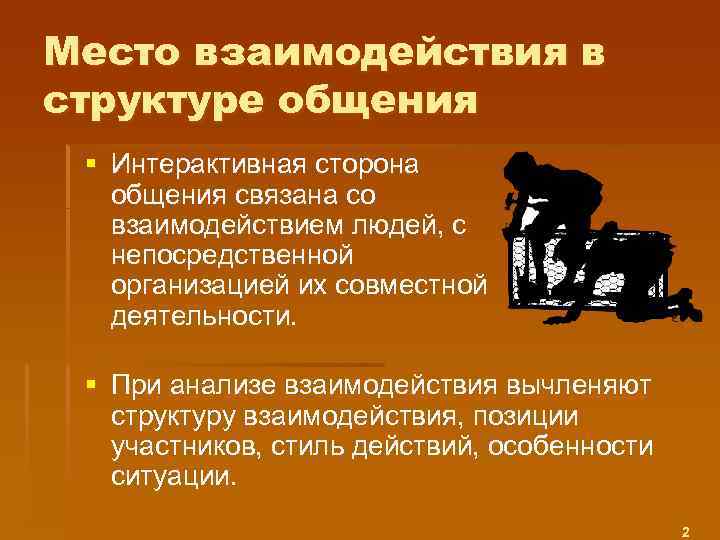 Место взаимодействия в структуре общения § Интерактивная сторона общения связана со взаимодействием людей, с