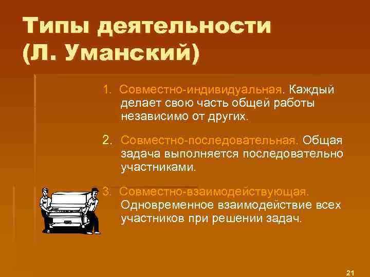  Типы деятельности (Л. Уманский) 1. Совместно-индивидуальная. Каждый делает свою часть общей работы независимо