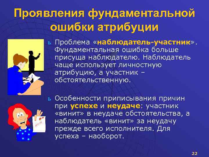 Проявления фундаментальной ошибки атрибуции ь Проблема «наблюдатель-участник» . « Фундаментальная ошибка больше присуща наблюдателю.