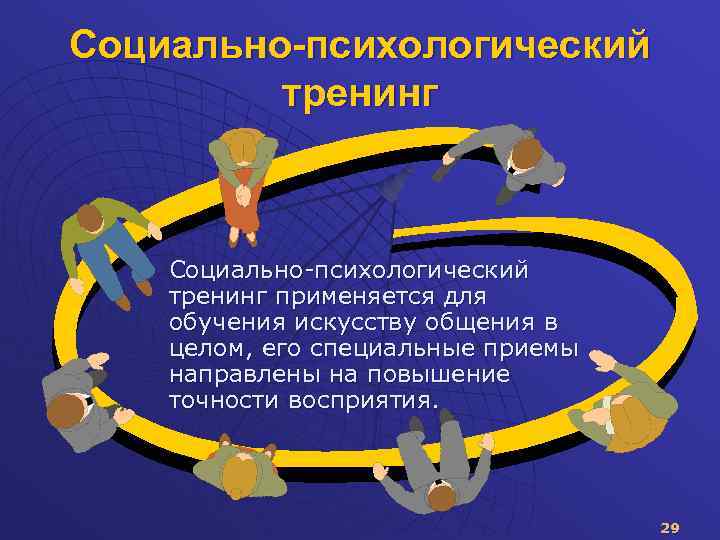Социально-психологический тренинг применяется для обучения искусству общения в целом, его специальные приемы направлены на
