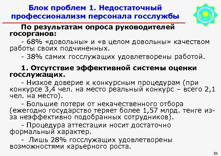 Блок проблем 1. Недостаточный профессионализм персонала госслужбы По результатам опроса руководителей госорганов: - 68%