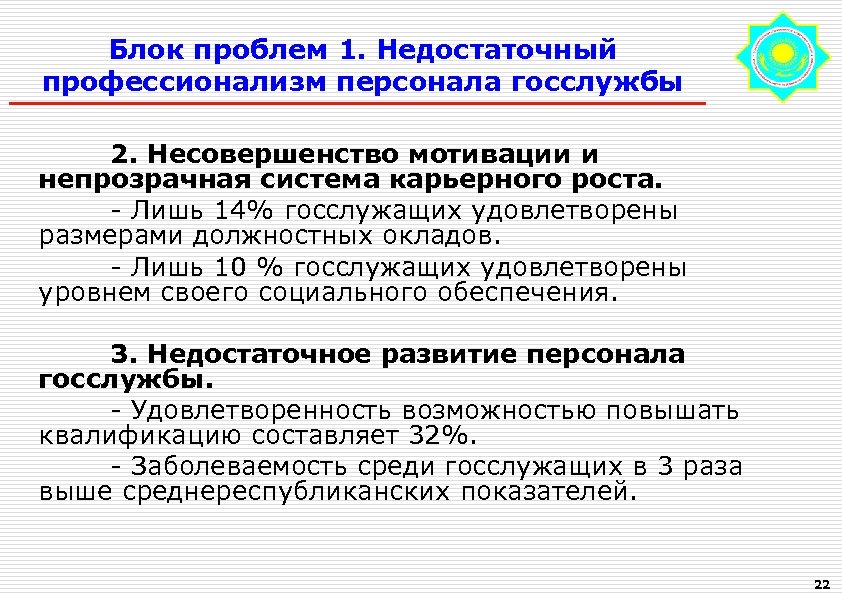 Блок проблем 1. Недостаточный профессионализм персонала госслужбы 2. Несовершенство мотивации и непрозрачная система карьерного