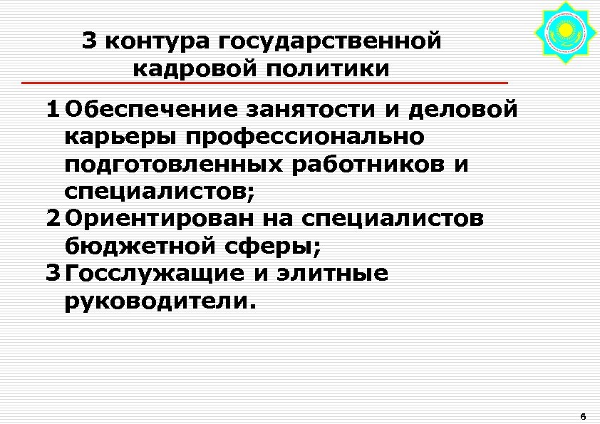 3 контура государственной кадровой политики 1 Обеспечение занятости и деловой карьеры профессионально подготовленных работников