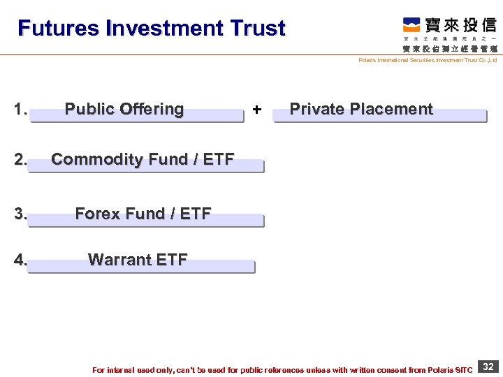 Futures Investment Trust 寶來投信獨立經營管理 Polaris International Securities Investment Trust Co. , Ltd 1. Public