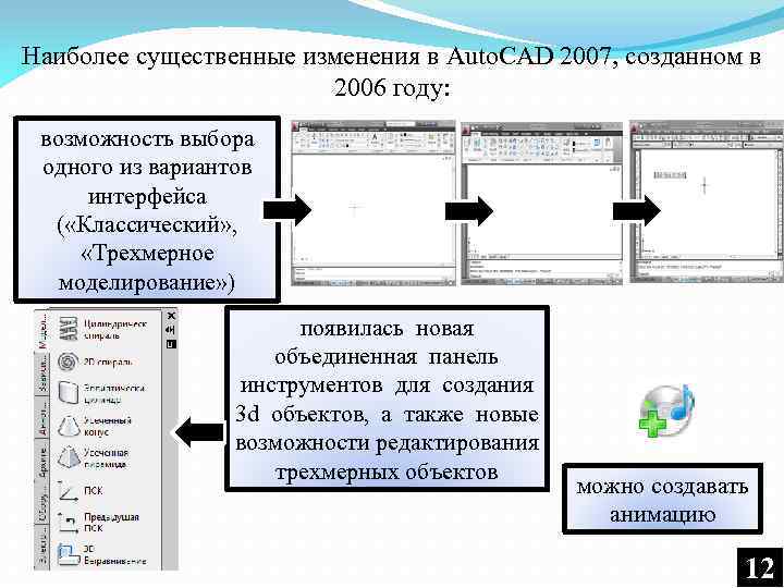 Наиболее существенные изменения в Auto. CAD 2007, созданном в 2006 году: возможность выбора одного