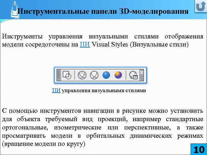 Инструментальные панели ЗD-моделирования Инструменты управления визуальными стилями отображения модели сосредоточены на ПИ Visual Styles