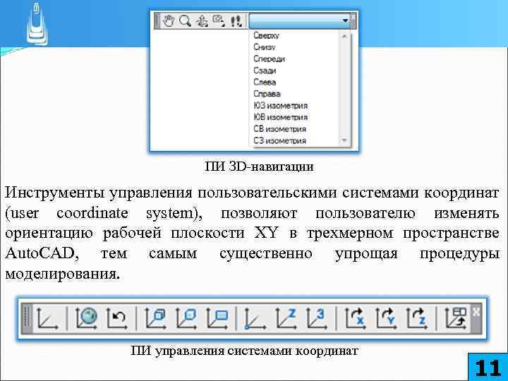 ПИ ЗD-навигации Инструменты управления пользовательскими системами координат (user coordinate system), позволяют пользователю изменять ориентацию