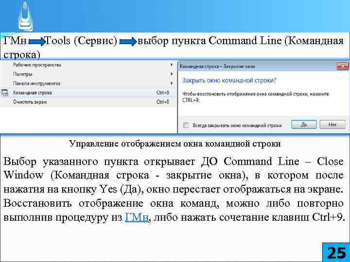 При необходимости окно командной строки допускается отключать: ГМн Tools (Сервис) выбор пункта Command Line