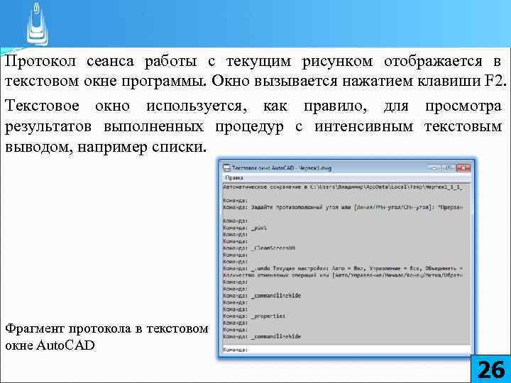 Протокол сеанса работы с текущим рисунком отображается в текстовом окне программы. Окно вызывается нажатием