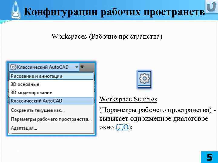 Конфигурации рабочих пространств Workspaces (Рабочие пространства) Workspace Settings (Параметры рабочего пространства) - вызывает одноименное