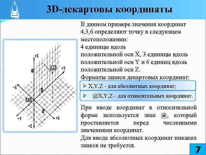 3 D-декартовы координаты В данном примере значения координат 4, 3, 6 определяют точку в