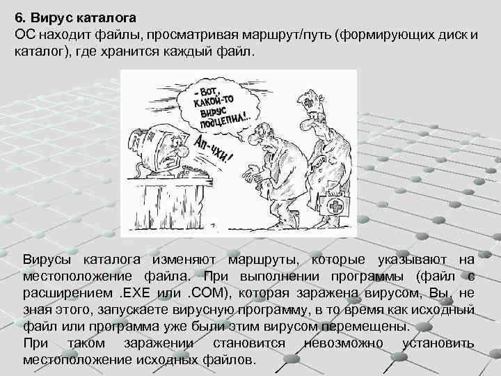 6. Вирус каталога ОС находит файлы, просматривая маршрут/путь (формирующих диск и каталог), где хранится