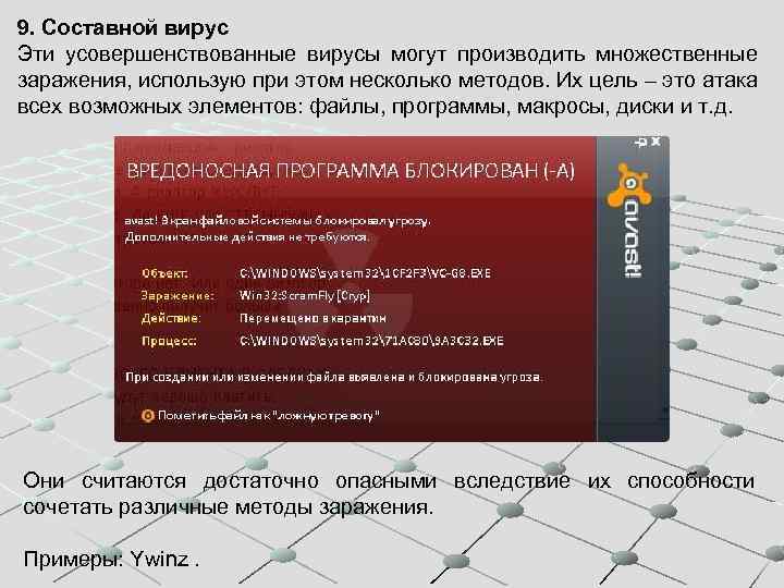 9. Составной вирус Эти усовершенствованные вирусы могут производить множественные заражения, использую при этом несколько