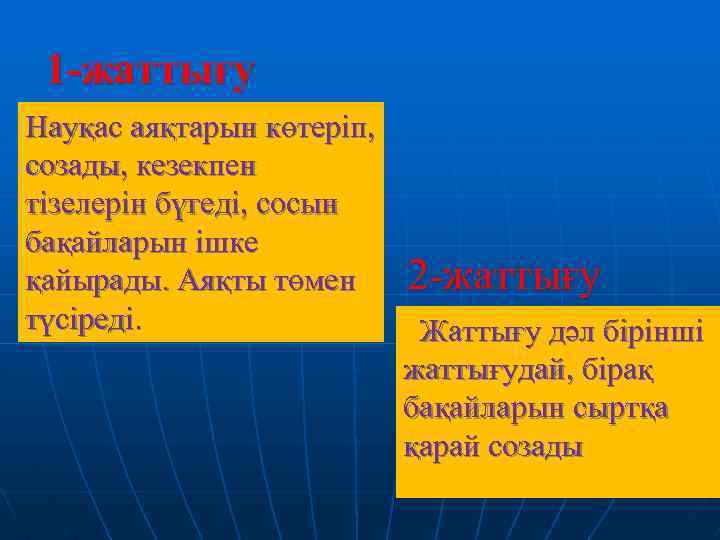 1 -жаттығу Науқас аяқтарын көтеріп, созады, кезекпен тізелерін бүгеді, сосын бақайларын ішке қайырады. Аяқты