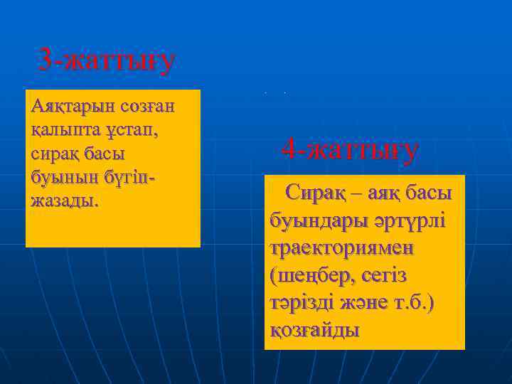 3 -жаттығу n Аяқтарын созған қалыпта ұстап, сирақ басы буынын бүгіпжазады. V 4 -жаттығу