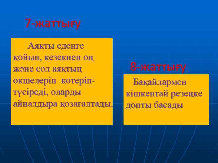 7 -жаттығу Аяқты еденге қойып, кезекпен оң және сол аяқтың өкшелерін көтеріптүсіреді, оларды айналдыра