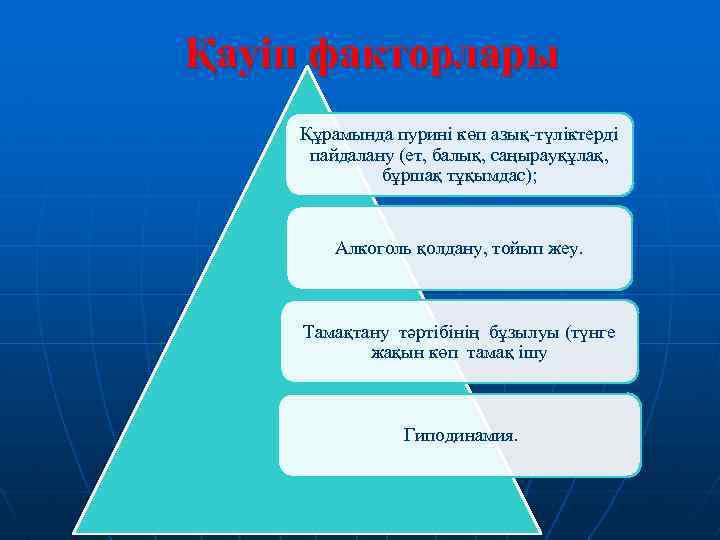 Қауіп факторлары Құрамында пурині көп азық-түліктерді пайдалану (ет, балық, саңырауқұлақ, бұршақ тұқымдас); Алкоголь қолдану,