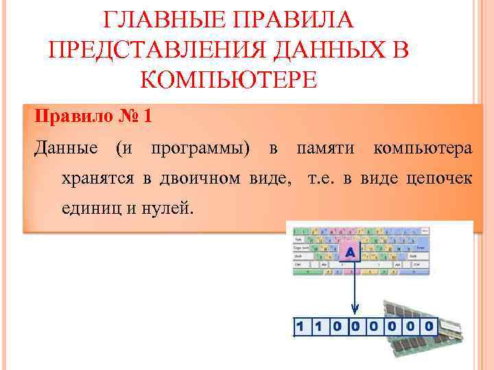 ГЛАВНЫЕ ПРАВИЛА ПРЕДСТАВЛЕНИЯ ДАННЫХ В КОМПЬЮТЕРЕ Правило № 1 Данные (и программы) в памяти
