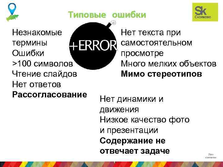 Типовые ошибки Незнакомые термины Ошибки >100 символов Чтение слайдов Нет ответов Рассогласование Нет текста