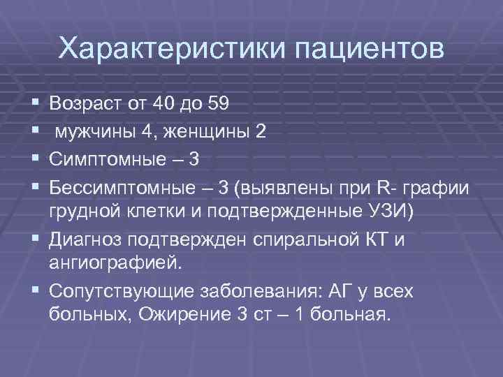 Характеристики пациентов § § Возраст от 40 до 59 мужчины 4, женщины 2 Симптомные