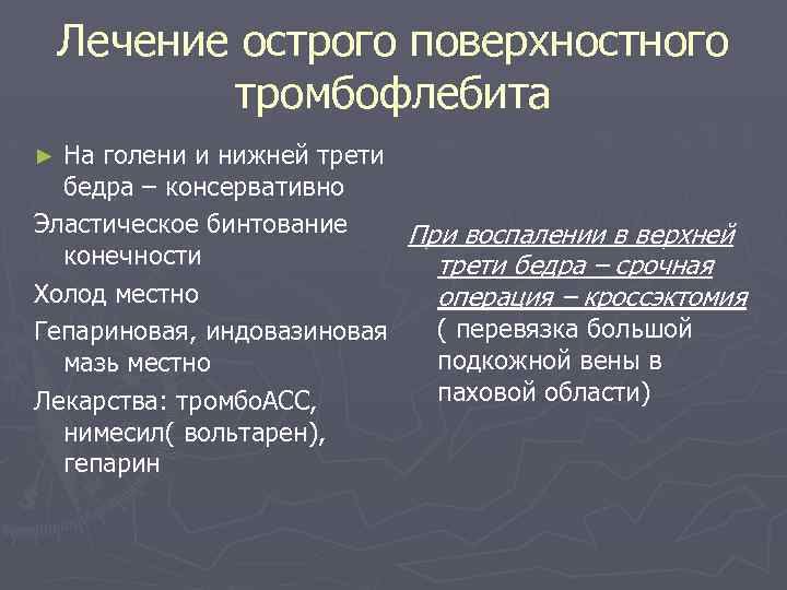 Лечение острого поверхностного тромбофлебита На голени и нижней трети бедра – консервативно Эластическое бинтование