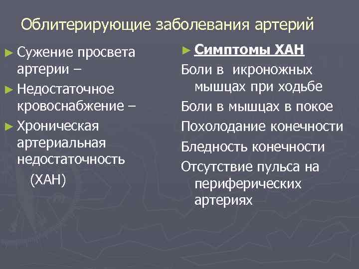 Облитерирующие заболевания артерий ► Сужение просвета артерии – ► Недостаточное кровоснабжение – ► Хроническая