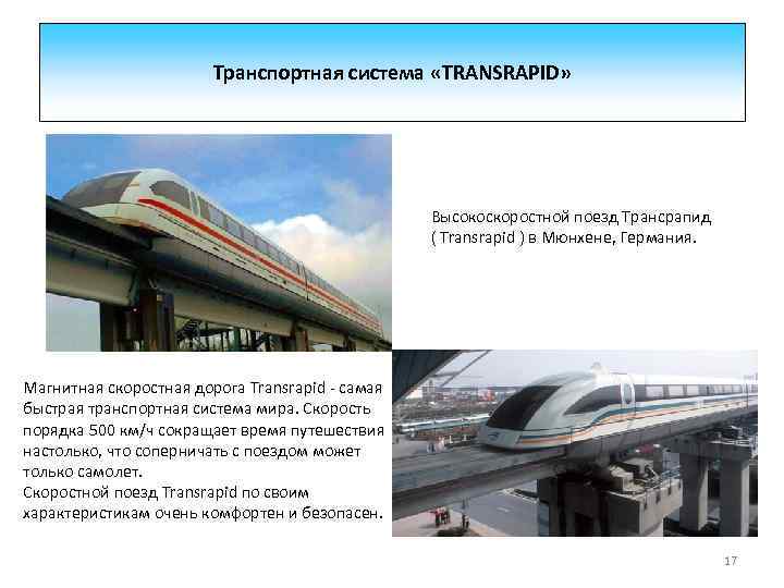 Транспортная система «TRANSRAPID» Высокоскоростной поезд Трансрапид ( Transrapid ) в Мюнхене, Германия. Магнитная скоростная